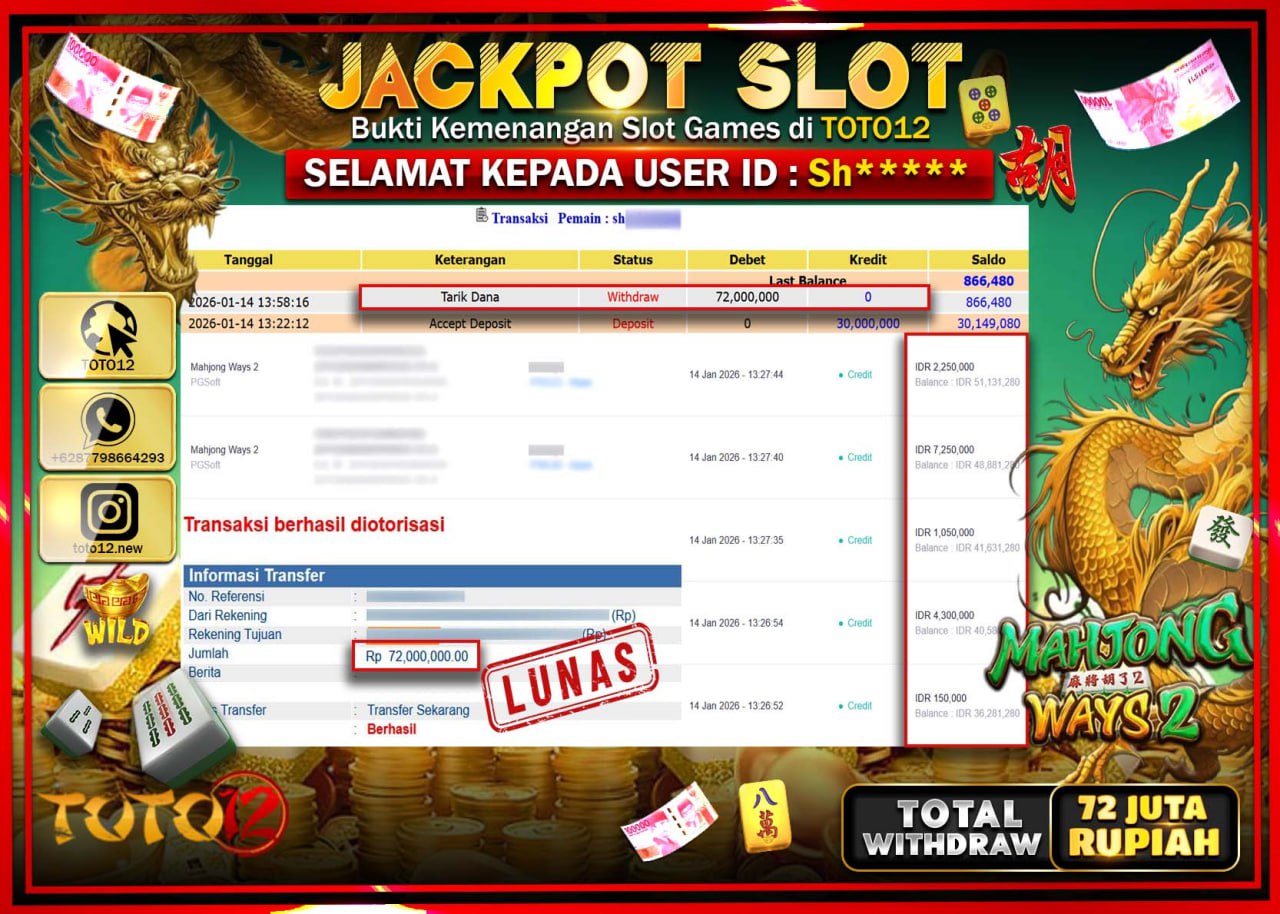 HANYA DI TOTO12 JP PASTI DI BAYAR LUNAS DAN CEPAT!!!!!! JACKPOT SLOT GAME (MAHJONG WAYS 2) Rp.72.000.000 !!!!