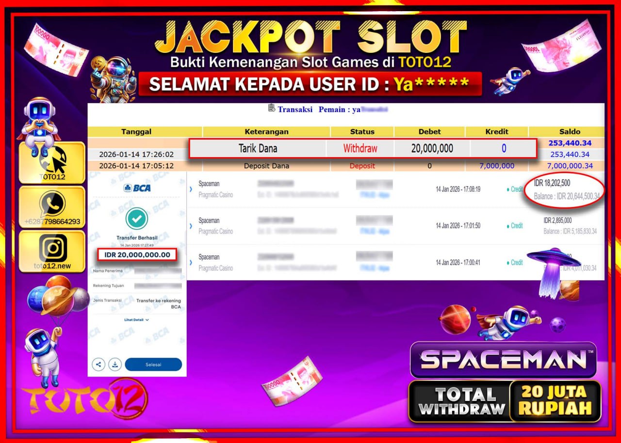 HANYA DI TOTO12 JP PASTI DI BAYAR LUNAS DAN CEPAT!!!!!! JACKPOT SLOT GAME (SPACEMAN) Rp.20.000.000 !!!!