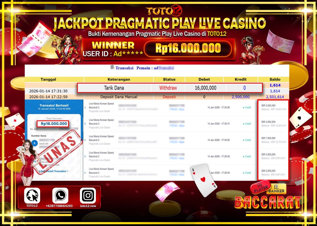 HANYA DI TOTO12 JP PASTI DI BAYAR LUNAS DAN CEPAT!!!!!! JACKPOT PRAGMATIC PLAY LIVE CASINO (KOREAN SPEED BACCARAT 2) Rp.16.000.000 !!!!