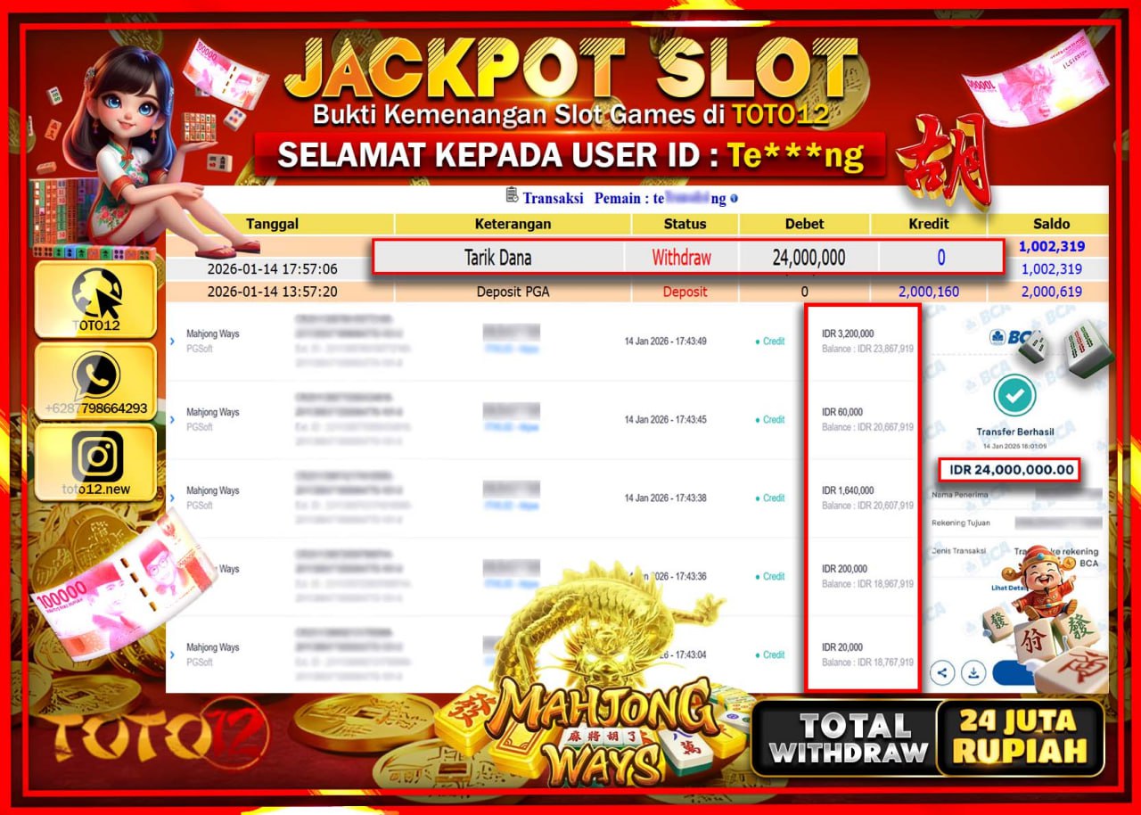 HANYA DI TOTO12 JP PASTI DI BAYAR LUNAS DAN CEPAT!!!!!! JACKPOT SLOT GAME (MAHJONG WAYS) Rp.24.000.000 !!!!