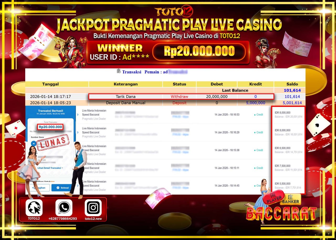HANYA DI TOTO12 JP PASTI DI BAYAR LUNAS DAN CEPAT!!!!!! JACKPOT PRAGMATIC PLAY LIVE CASINO (INDONESIAN SPEED BACCARAT) Rp.20.000.000 !!!!