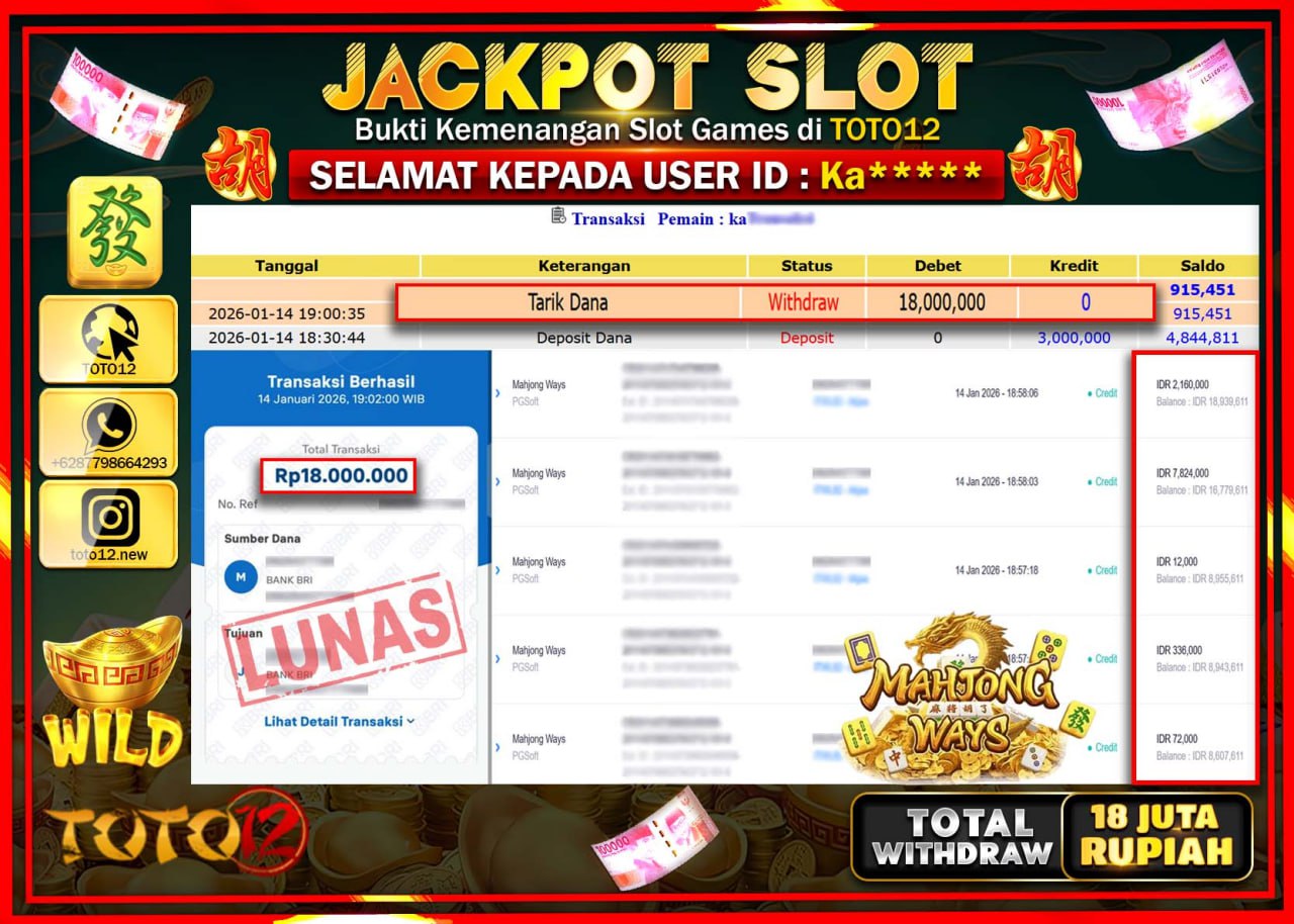 HANYA DI TOTO12 JP PASTI DI BAYAR LUNAS DAN CEPAT!!!!!! JACKPOT SLOT GAME (MAHJONG WAYS) Rp.18.000.000 !!!!