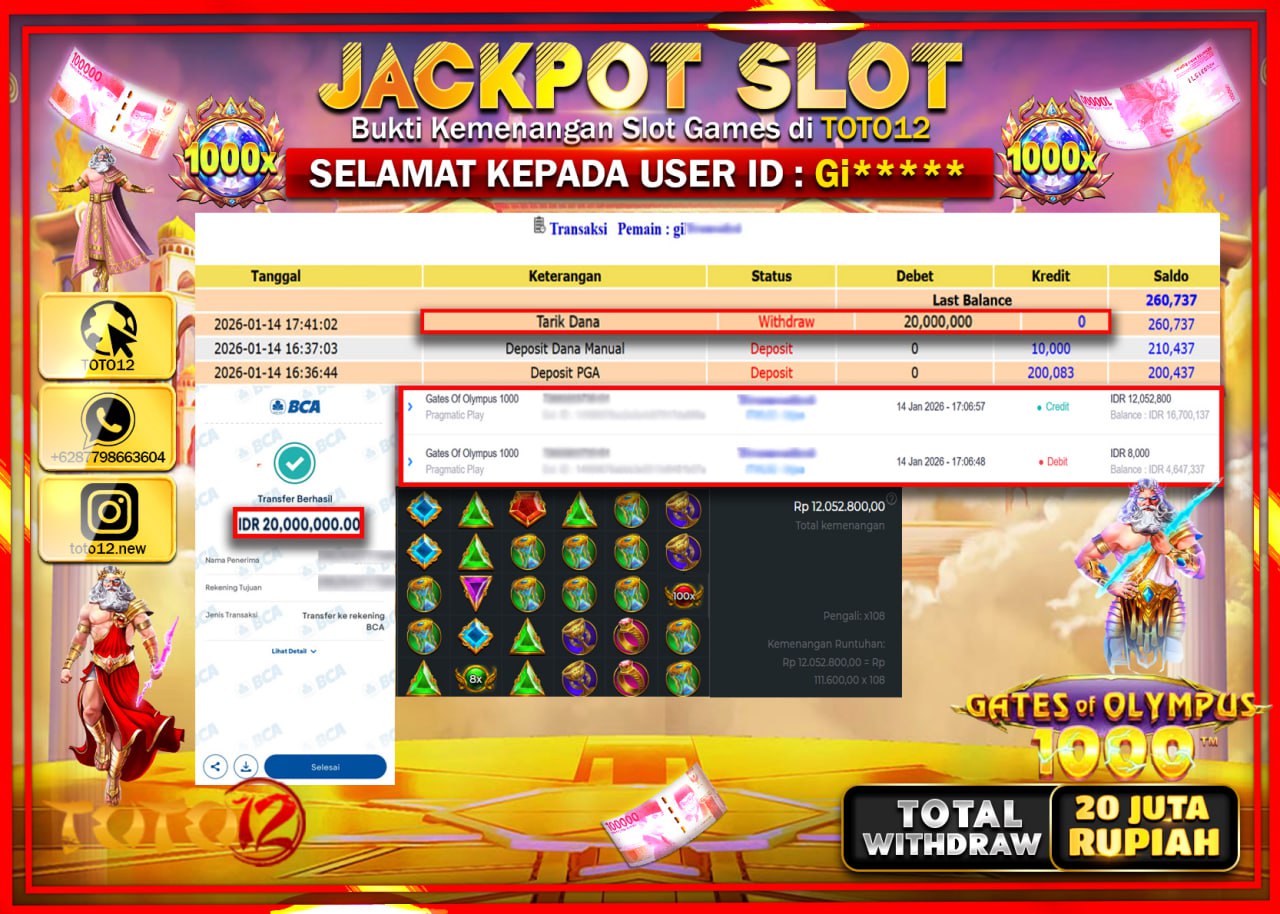 HANYA DI TOTO12 JP PASTI DI BAYAR LUNAS DAN CEPAT!!!!!! JACKPOT SLOT GAME (GATES OF OLYMPUS 1000) Rp.20.000.000 !!!!
