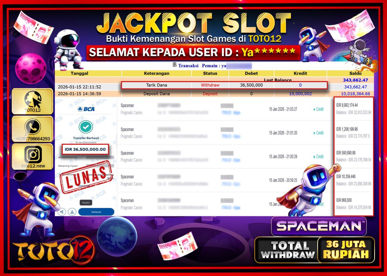 HANYA DI TOTO12 JP PASTI DI BAYAR LUNAS DAN CEPAT!!!!!! JACKPOT SLOT GAME (SPACEMAN) Rp.36.500.000 !!!!