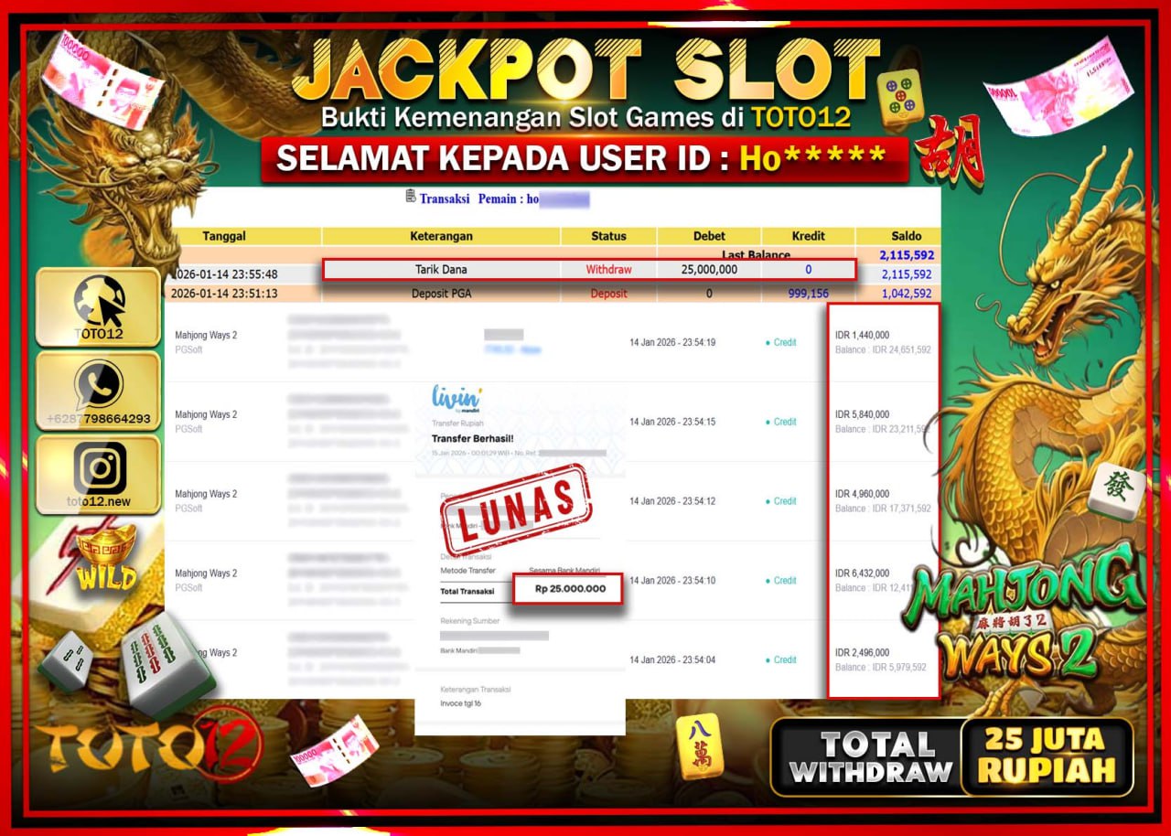 HANYA DI TOTO12 JP PASTI DI BAYAR LUNAS DAN CEPAT!!!!!! JACKPOT SLOT GAME (MAHJONG WAYS 2) Rp.25.000.000 !!!!