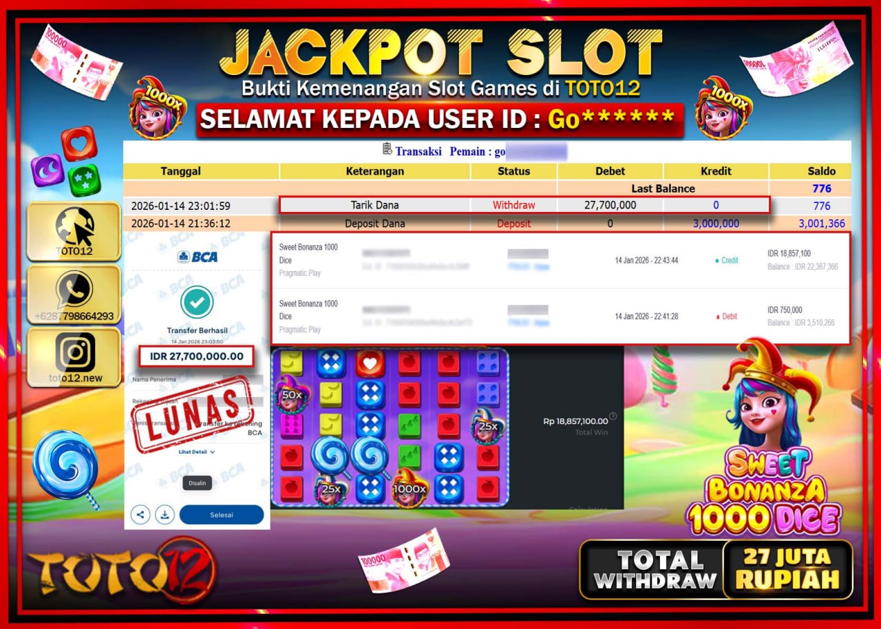HANYA DI TOTO12 JP PASTI DI BAYAR LUNAS DAN CEPAT!!!!!! JACKPOT SLOT GAME (SWEET BONANZA 1000 DICE) Rp.27.700.000 !!!!