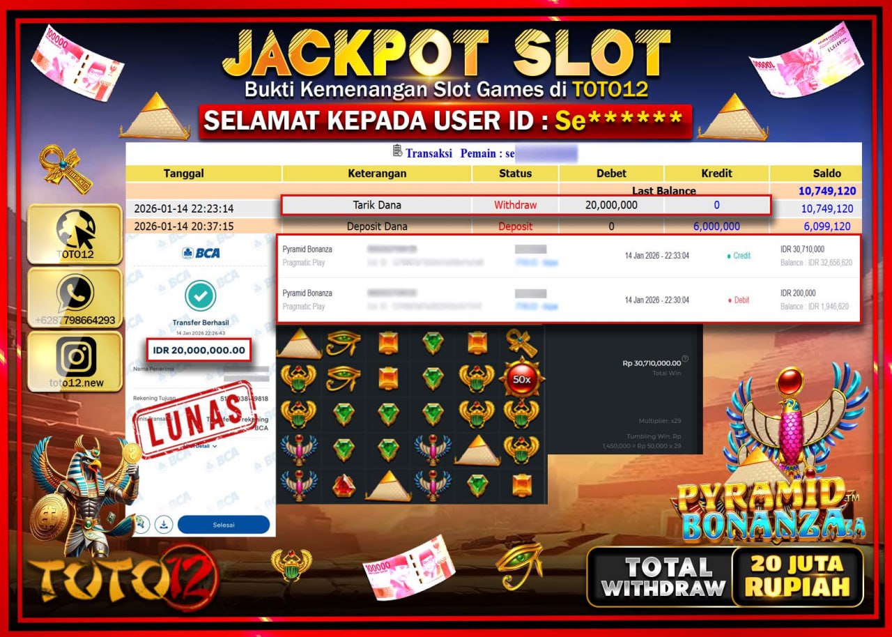 HANYA DI TOTO12 JP PASTI DI BAYAR LUNAS DAN CEPAT!!!!!! JACKPOT SLOT GAME (PYRAMID BONANZA) Rp.20.000.000 !!!!