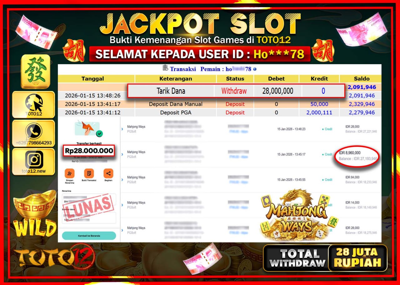 HANYA DI TOTO12 JP PASTI DI BAYAR LUNAS DAN CEPAT!!!!!! JACKPOT SLOT GAME (MAHJONG WAYS) Rp.28.000.000 !!!!