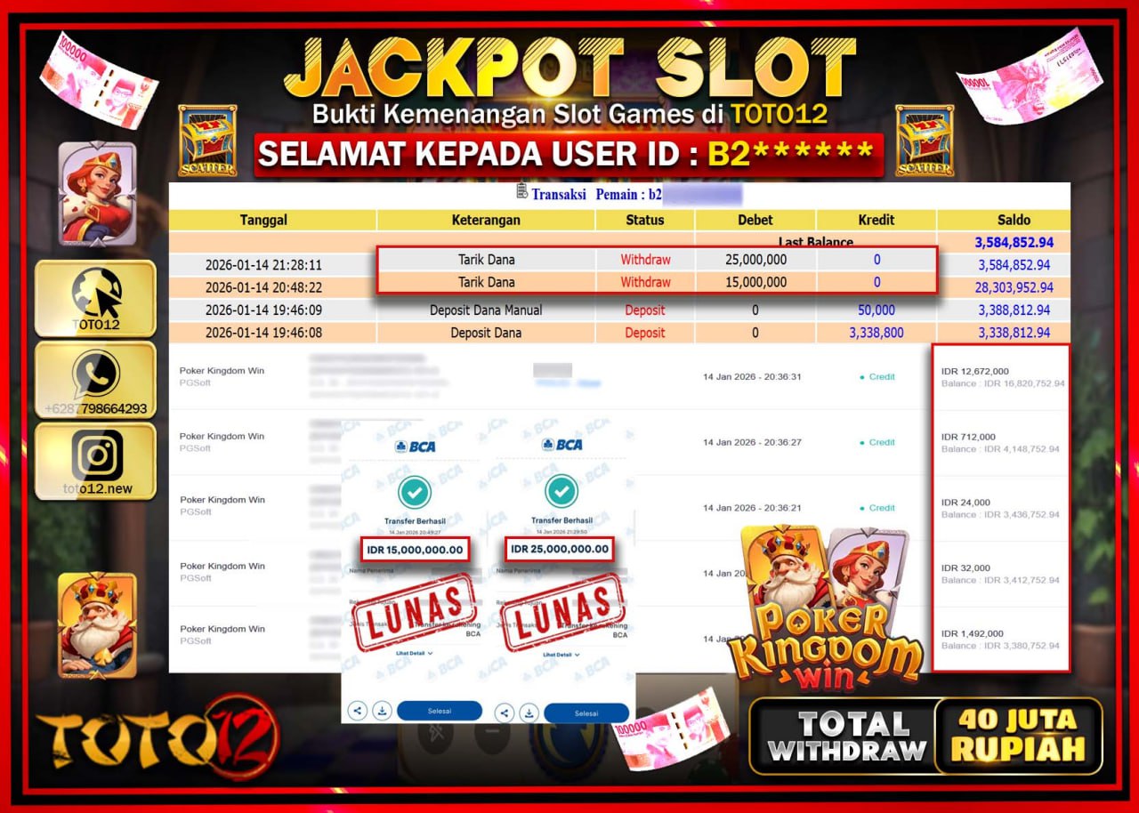 HANYA DI TOTO12 JP PASTI DI BAYAR LUNAS DAN CEPAT!!!!!! JACKPOT SLOT GAME (POKER KINGDOM WIN) Rp.40.000.000 !!!!