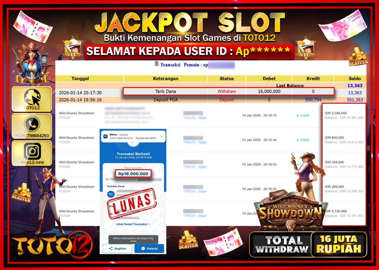 HANYA DI TOTO12 JP PASTI DI BAYAR LUNAS DAN CEPAT!!!!!! JACKPOT SLOT GAME (WILD BOUNTY SHOWDOWN) Rp.16.000.000 !!!!