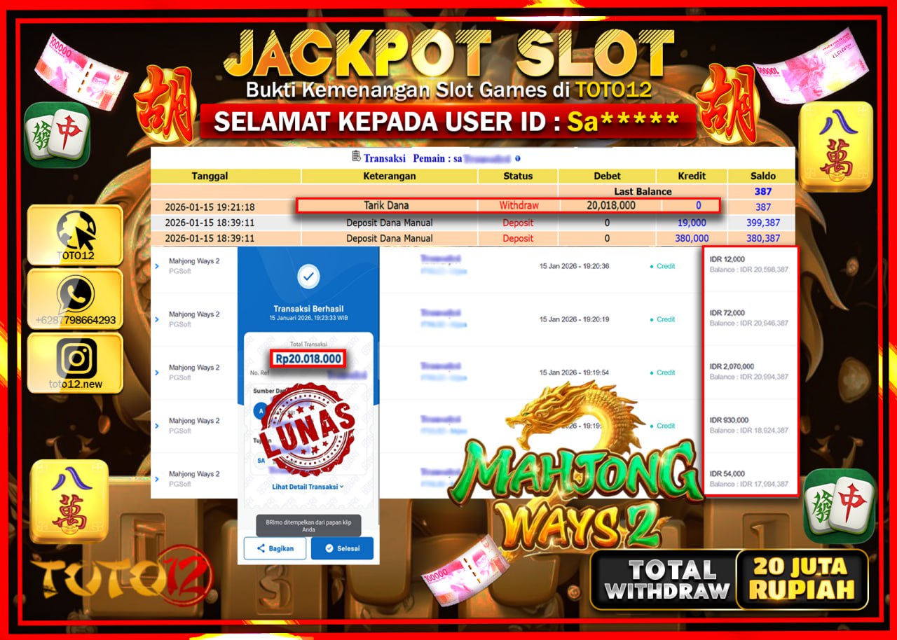 HANYA DI TOTO12 JP PASTI DI BAYAR LUNAS DAN CEPAT!!!!!! JACKPOT SLOT GAME (MAHJONG WAYS 2) Rp.20.018.000 !!!!