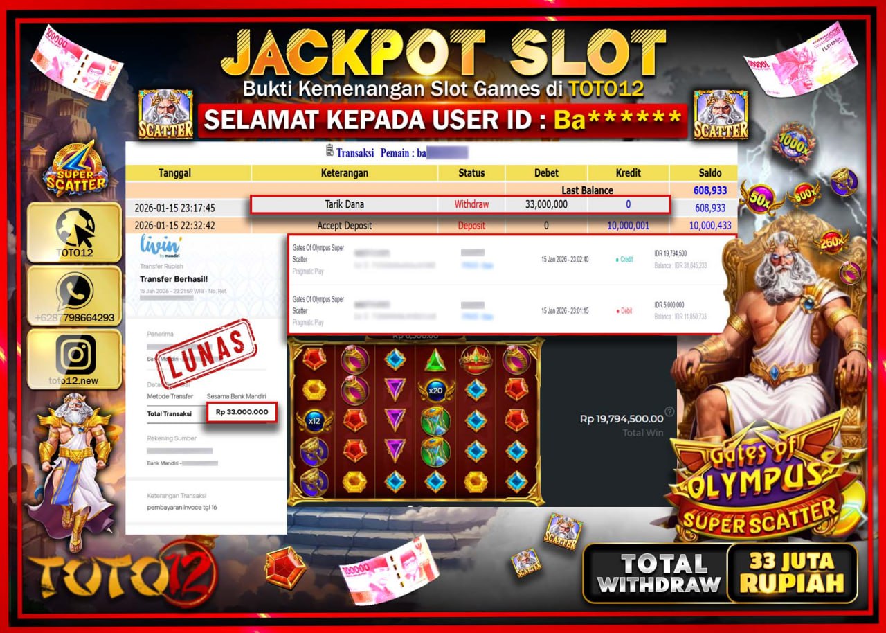 HANYA DI TOTO12 JP PASTI DI BAYAR LUNAS DAN CEPAT!!!!!! JACKPOT SLOT GAME (GATES OF OLYMPUS SUPER SCATTER) Rp.33.000.000 !!!!