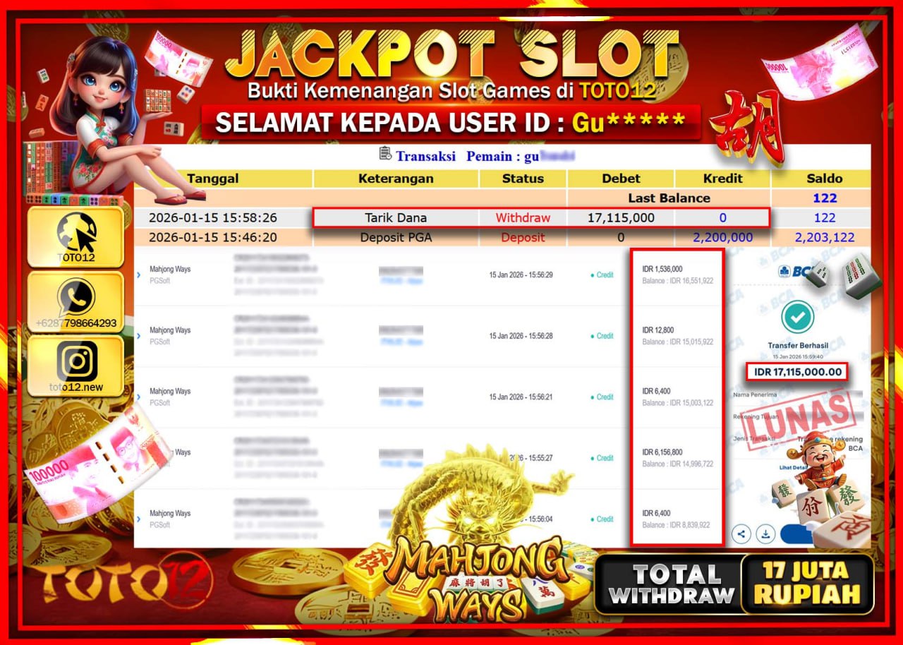 HANYA DI TOTO12 JP PASTI DI BAYAR LUNAS DAN CEPAT!!!!!! JACKPOT SLOT GAME (MAHJONG WAYS) Rp.17.115.000 !!!!