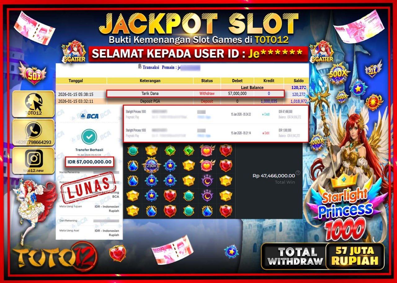 HANYA DI TOTO12 JP PASTI DI BAYAR LUNAS DAN CEPAT!!!!!! JACKPOT SLOT GAME (STARLIGHT PRINCESS 1000) Rp.57.000.000 !!!!