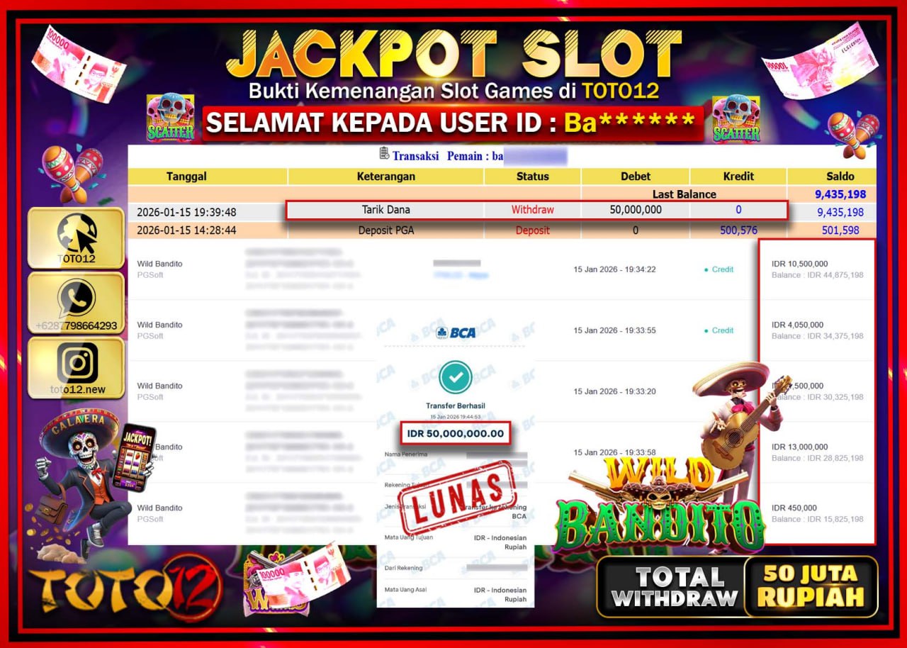 HANYA DI TOTO12 JP PASTI DI BAYAR LUNAS DAN CEPAT!!!!!! JACKPOT SLOT GAME (WILD BANDITO) Rp.50.000.000 !!!!