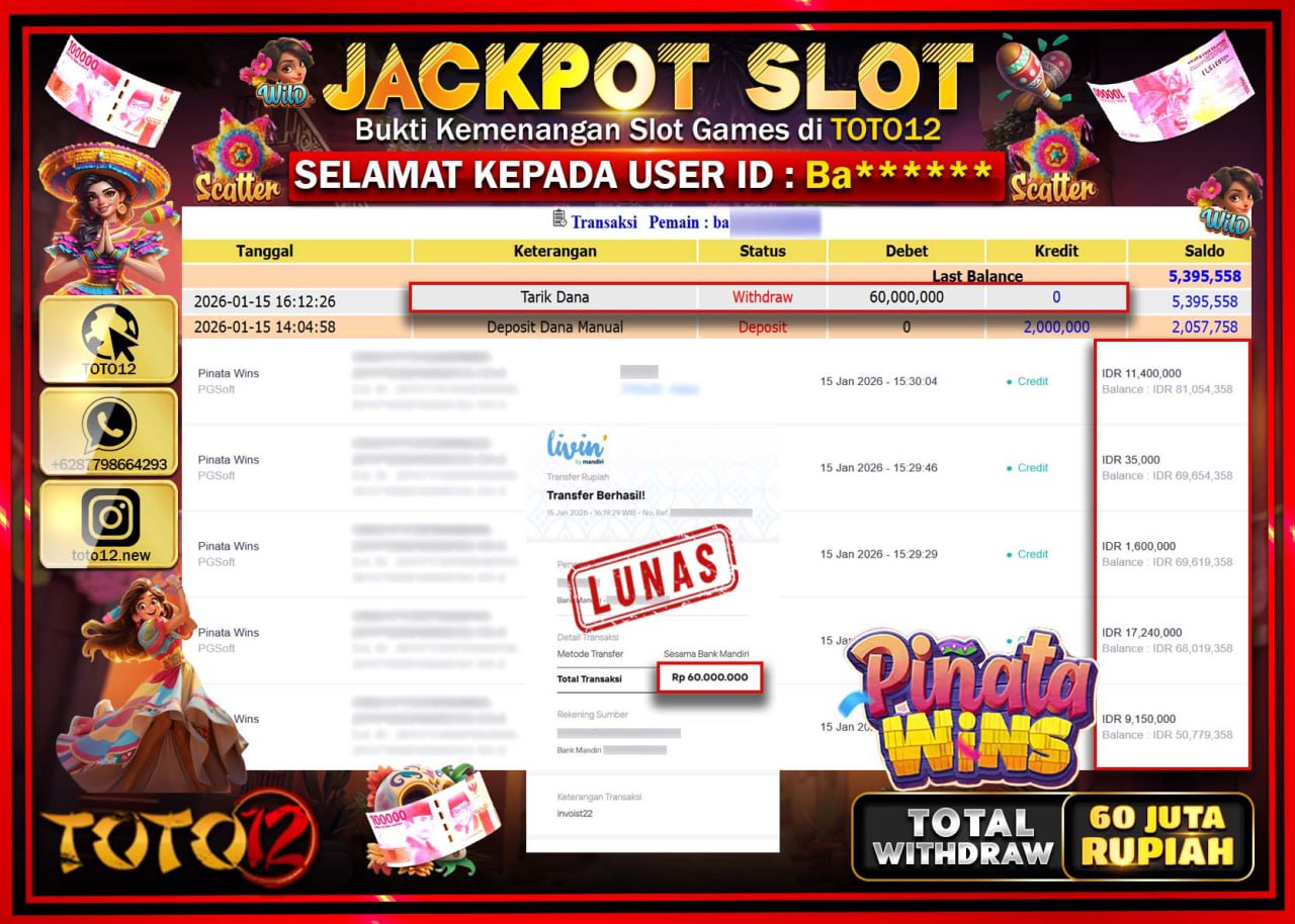 HANYA DI TOTO12 JP PASTI DI BAYAR LUNAS DAN CEPAT!!!!!! JACKPOT SLOT GAME (PINATA WINS) Rp.60.000.000 !!!!