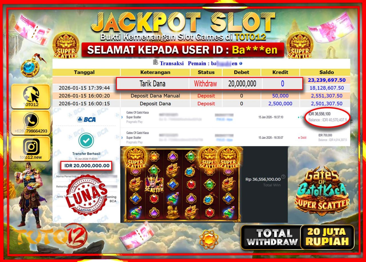 HANYA DI TOTO12 JP PASTI DI BAYAR LUNAS DAN CEPAT!!!!!! JACKPOT SLOT GAME (GATES OF GATOT KACA SUPER SCATTER) Rp.20.000.000 !!!!