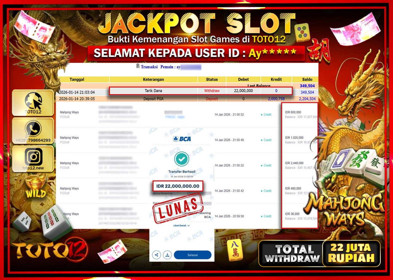 HANYA DI TOTO12 JP PASTI DI BAYAR LUNAS DAN CEPAT!!!!!! JACKPOT SLOT GAME (MAHJONG WAYS) Rp.22.000.000 !!!!