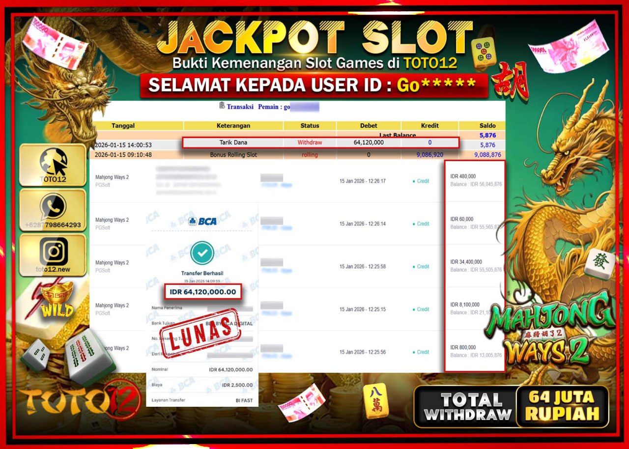 HANYA DI TOTO12 JP PASTI DI BAYAR LUNAS DAN CEPAT!!!!!! JACKPOT SLOT GAME (MAHJONG WAYS 2) Rp.64.120.000 !!!!