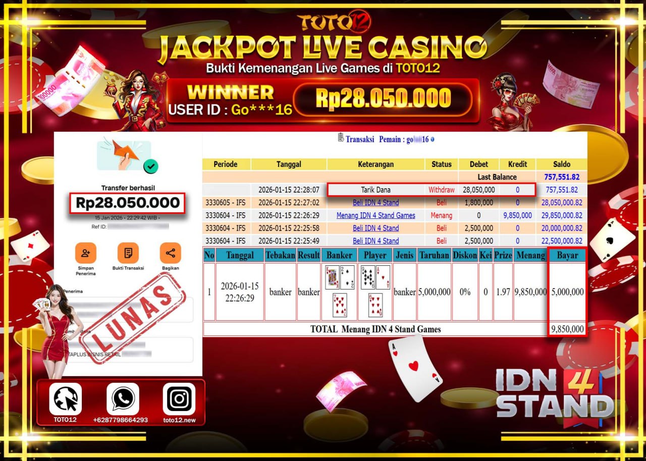 HANYA DI TOTO12 JP PASTI DI BAYAR LUNAS DAN CEPAT!!!!!! JACKPOT LIVE CASINO (IDN 4 STAND) Rp.28.050.000 !!!!