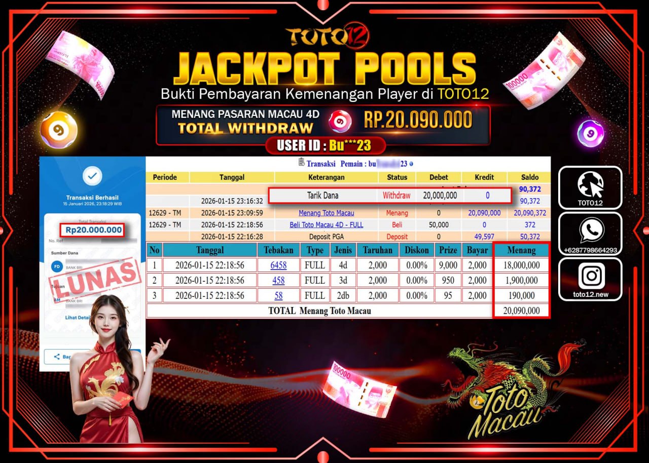 HANYA DI TOTO12 JP PASTI DI BAYAR LUNAS DAN CEPAT!!!!!! JACKPOT POOLS PASARAN (MACAU 4D) Rp.20.090.000 !!!!