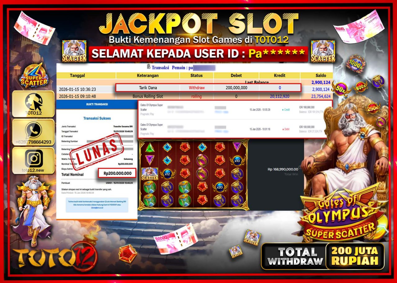 HANYA DI TOTO12 JP PASTI DI BAYAR LUNAS DAN CEPAT!!!!!! JACKPOT SLOT GAME (GATES OF OLYMPUS SUPER SCATTER) Rp.200.000.000 !!!!
