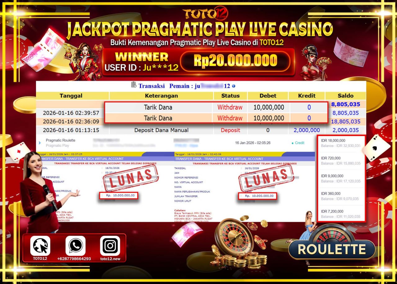 HANYA DI TOTO12 JP PASTI DI BAYAR LUNAS DAN CEPAT!!!!!! JACKPOT PRAGMATIC PLAY LIVE CASINO (ROULETTE) Rp.20.000.000 !!!!