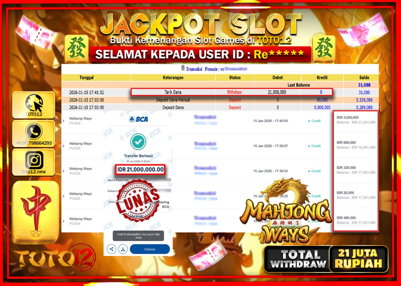 HANYA DI TOTO12 JP PASTI DI BAYAR LUNAS DAN CEPAT!!!!!! JACKPOT SLOT GAME (MAHJONG WAYS) Rp.21.000.000 !!!!