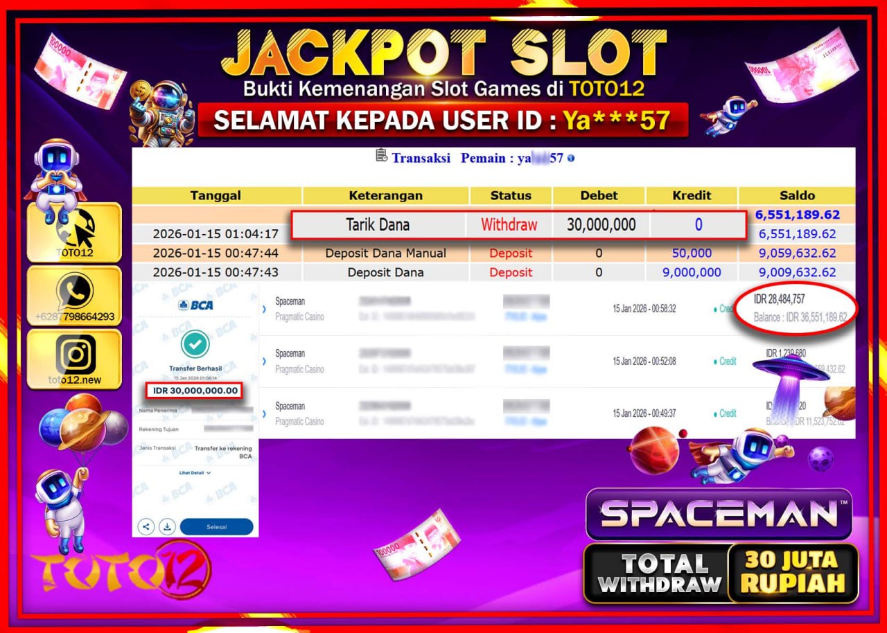 HANYA DI TOTO12 JP PASTI DI BAYAR LUNAS DAN CEPAT!!!!!! JACKPOT SLOT GAME (SPACEMAN) Rp.30.000.000 !!!!