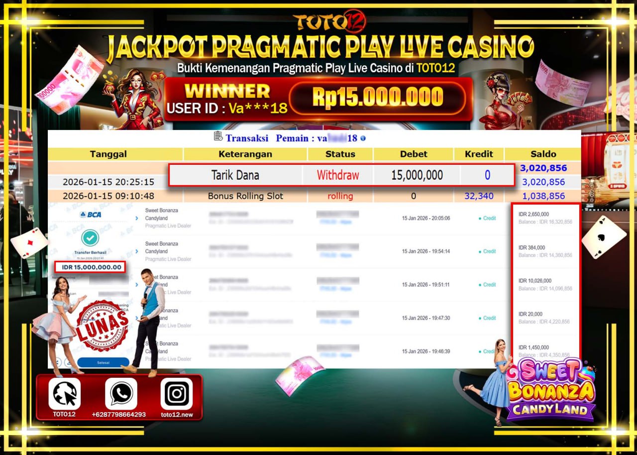 HANYA DI TOTO12 JP PASTI DI BAYAR LUNAS DAN CEPAT!!!!!! JACKPOT PRAGMATIC PLAY LIVE CASINO (SWEET BONANZA CANDYLAND) Rp.15.000.000 !!!!
