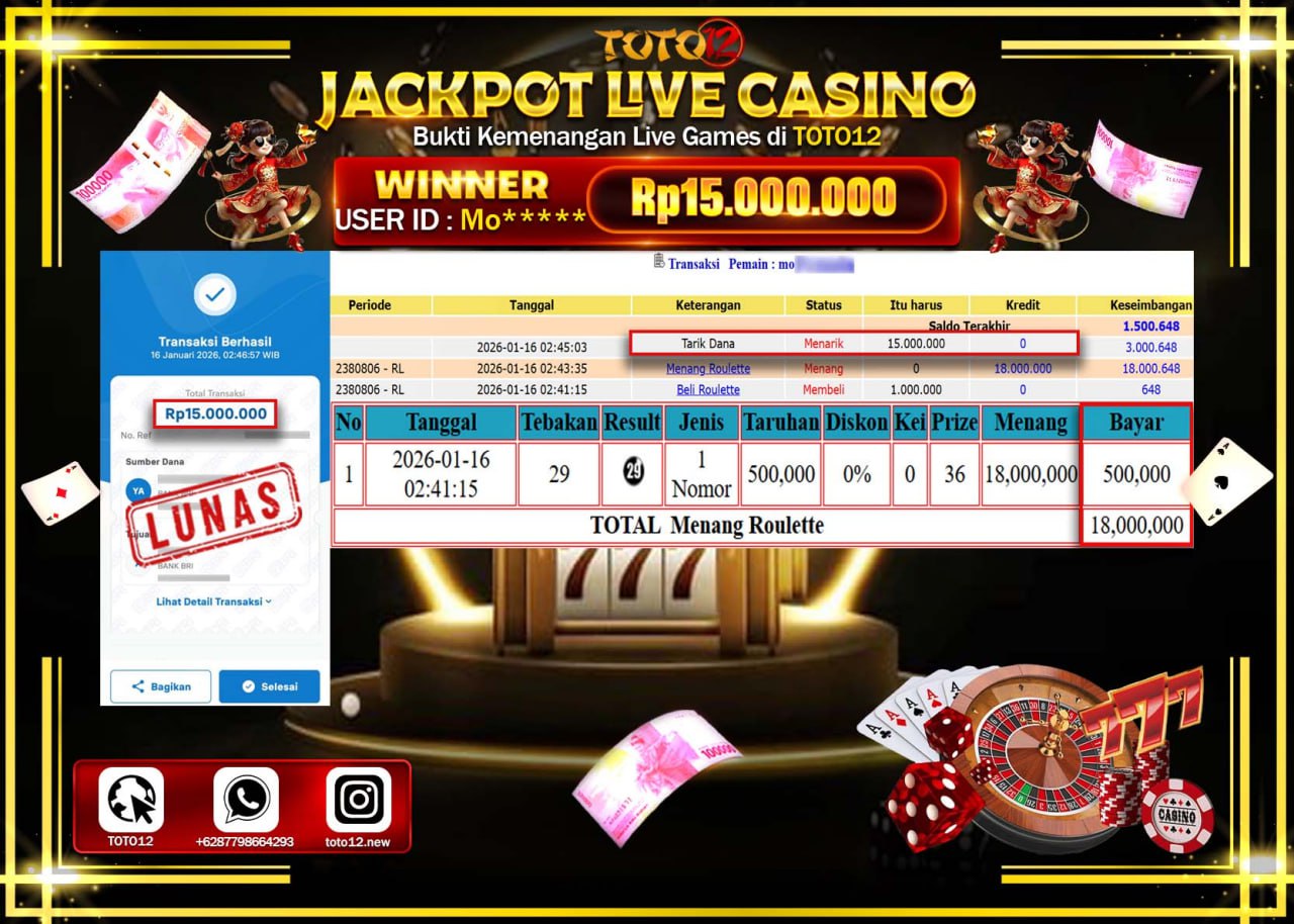 HANYA DI TOTO12 JP PASTI DI BAYAR LUNAS DAN CEPAT!!!!!! JACKPOT LIVE CASINO (ROULETTE) Rp.15.000.000 !!!!
