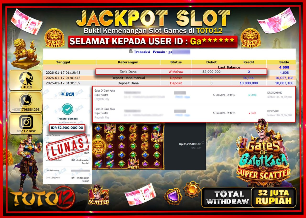 HANYA DI TOTO12 JP PASTI DI BAYAR LUNAS DAN CEPAT!!!!!! JACKPOT SLOT GAME (GATES OF GATOT KACA SUPER SCATTER) Rp.52.900.000 !!!!
