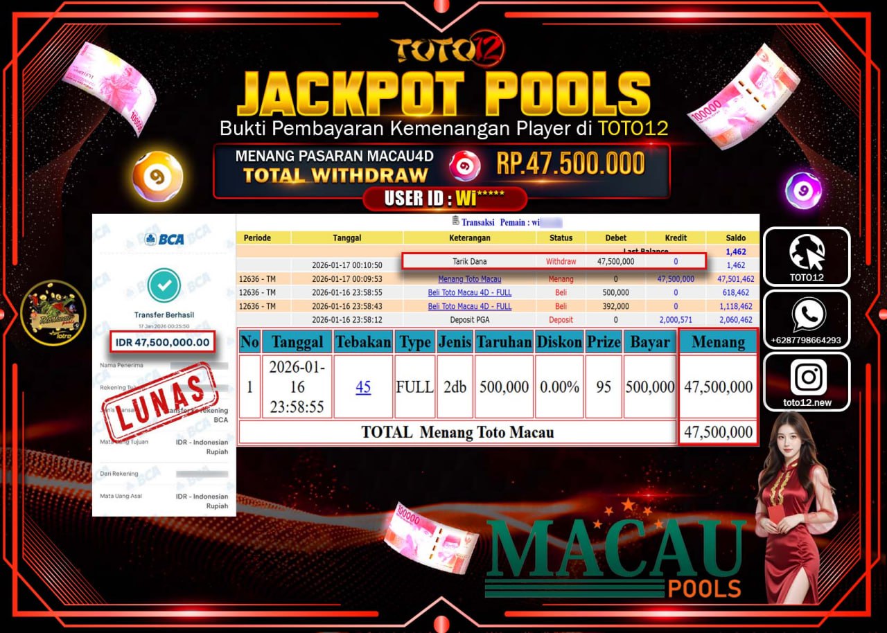 HANYA DI TOTO12 JP PASTI DI BAYAR LUNAS DAN CEPAT!!!!!! JACKPOT POOLS PASARAN (MACAU 4D) Rp.47.500.000 !!!!