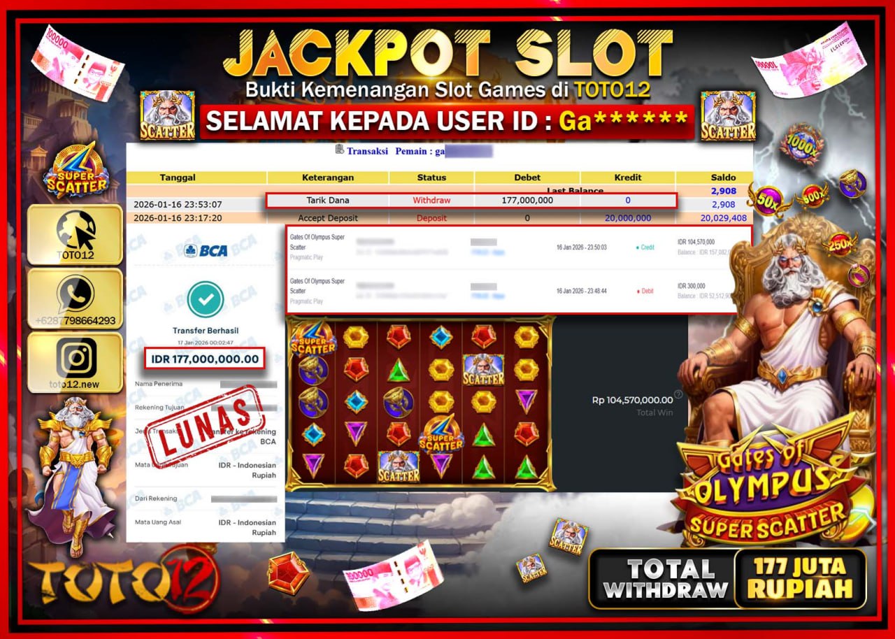 HANYA DI TOTO12 JP PASTI DI BAYAR LUNAS DAN CEPAT!!!!!! JACKPOT SLOT GAME (GATES OF OLYMPUS SUPER SCATTER) Rp.177.000.000 !!!!