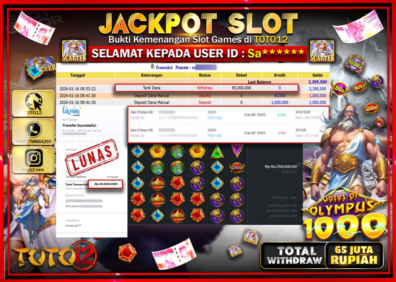 HANYA DI TOTO12 JP PASTI DI BAYAR LUNAS DAN CEPAT!!!!!! JACKPOT SLOT GAME (GATES OF OLYMPUS 1000) Rp.65.000.000 !!!!