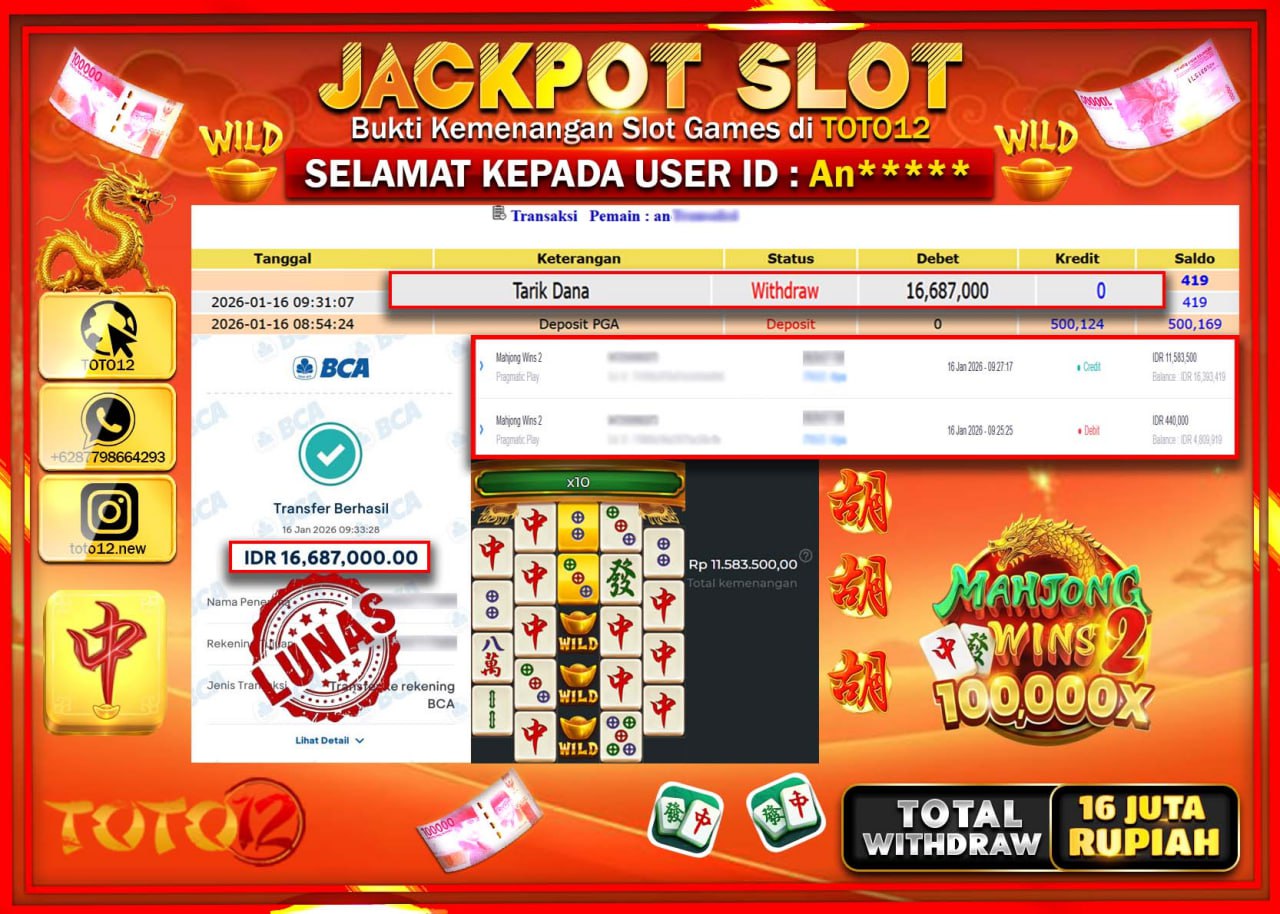 HANYA DI TOTO12 JP PASTI DI BAYAR LUNAS DAN CEPAT!!!!!! JACKPOT SLOT GAME (MAHJONG WINS 2) Rp.16.687.000 !!!!
