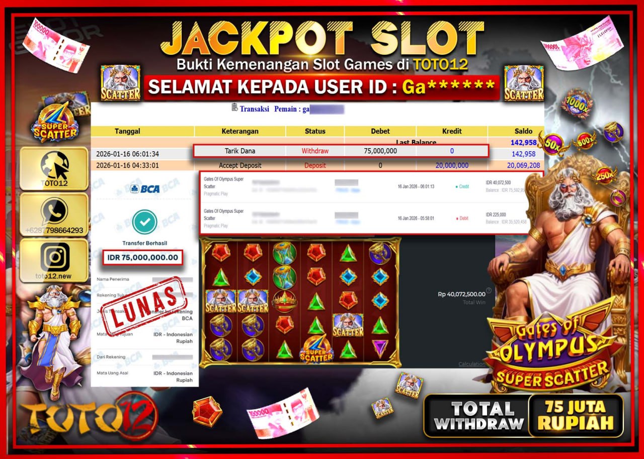 HANYA DI TOTO12 JP PASTI DI BAYAR LUNAS DAN CEPAT!!!!!! JACKPOT SLOT GAME (GATES OF OLYMPUS SUPER SCATTER) Rp.75.000.000 !!!!