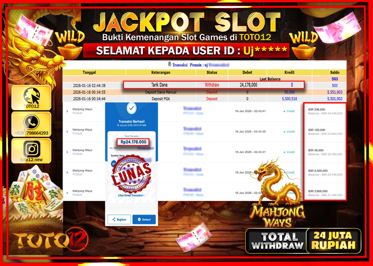 HANYA DI TOTO12 JP PASTI DI BAYAR LUNAS DAN CEPAT!!!!!! JACKPOT SLOT GAME (MAHJONG WAYS) Rp.24.178.000 !!!!
