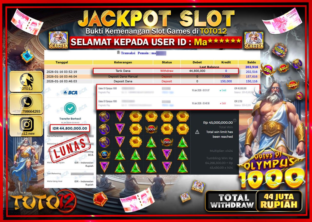 HANYA DI TOTO12 JP PASTI DI BAYAR LUNAS DAN CEPAT!!!!!! JACKPOT SLOT GAME (GATES OF OLYMPUS 1000) Rp.44.800.000 !!!!