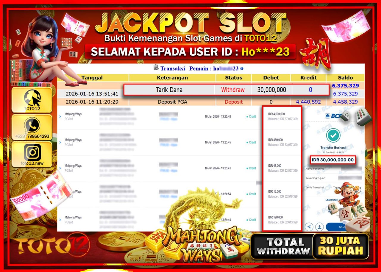 HANYA DI TOTO12 JP PASTI DI BAYAR LUNAS DAN CEPAT!!!!!! JACKPOT SLOT GAME (MAHJONG WAYS) Rp.30.000.000 !!!!