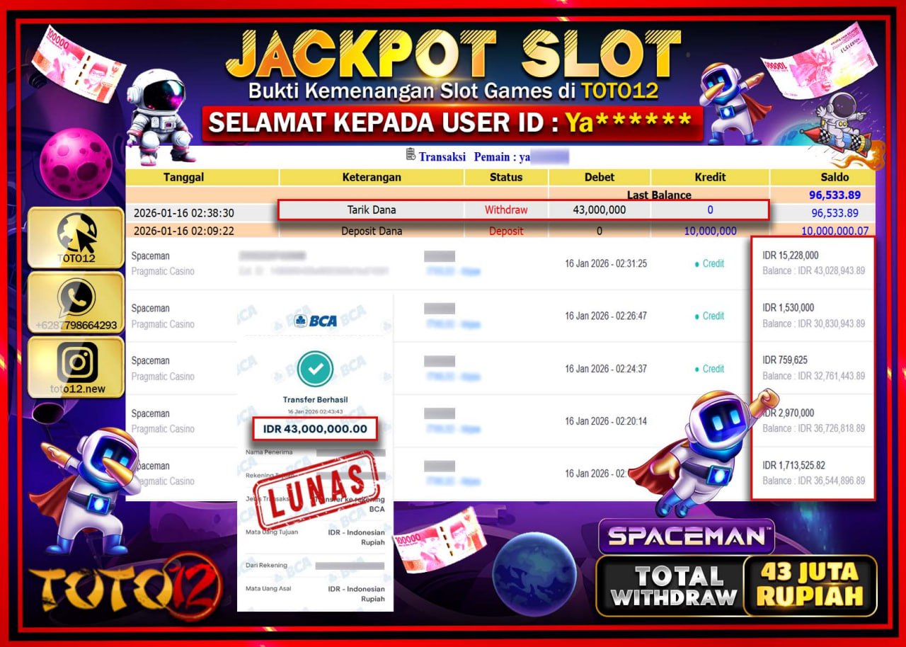 HANYA DI TOTO12 JP PASTI DI BAYAR LUNAS DAN CEPAT!!!!!! JACKPOT SLOT GAME (SPACEMAN) Rp.43.000.000 !!!!