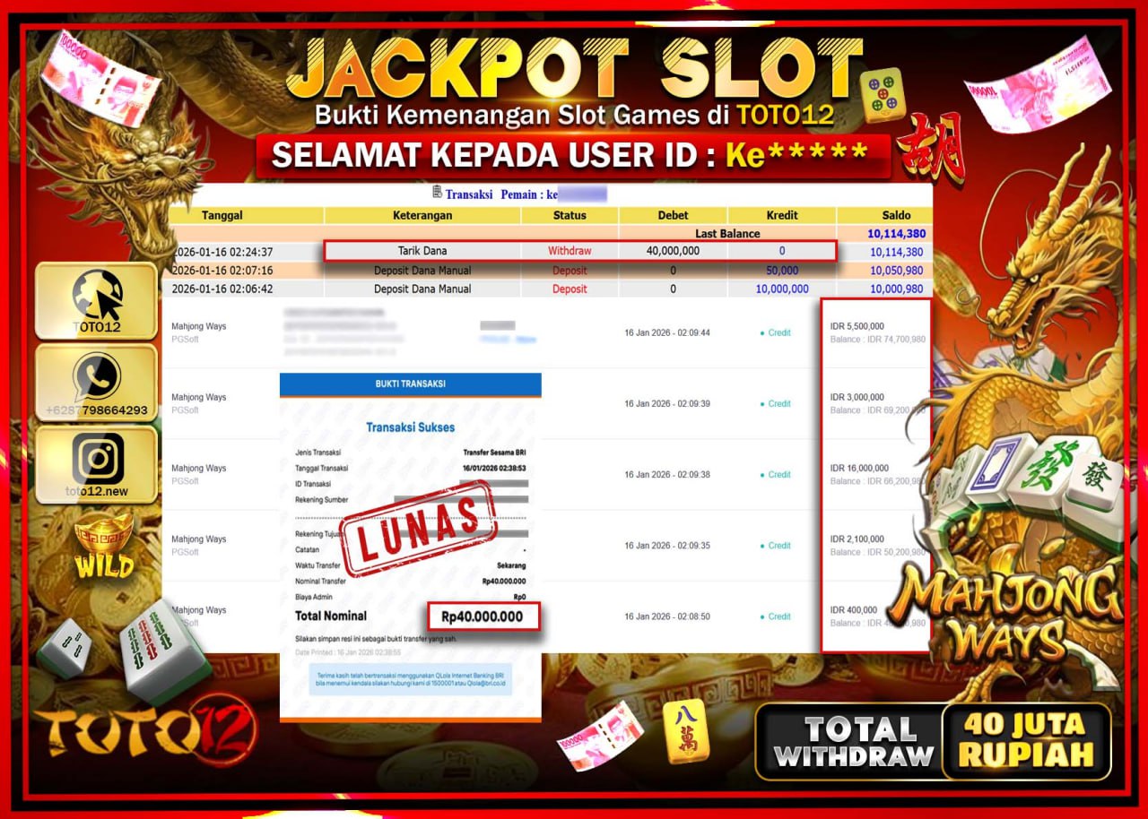 HANYA DI TOTO12 JP PASTI DI BAYAR LUNAS DAN CEPAT!!!!!! JACKPOT SLOT GAME (MAHJONG WAYS) Rp.40.000.000 !!!!