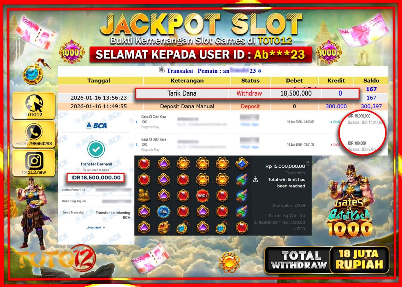 HANYA DI TOTO12 JP PASTI DI BAYAR LUNAS DAN CEPAT!!!!!! JACKPOT SLOT GAME (GATES OF GATOT KACA 1000) Rp.18.500.000 !!!!