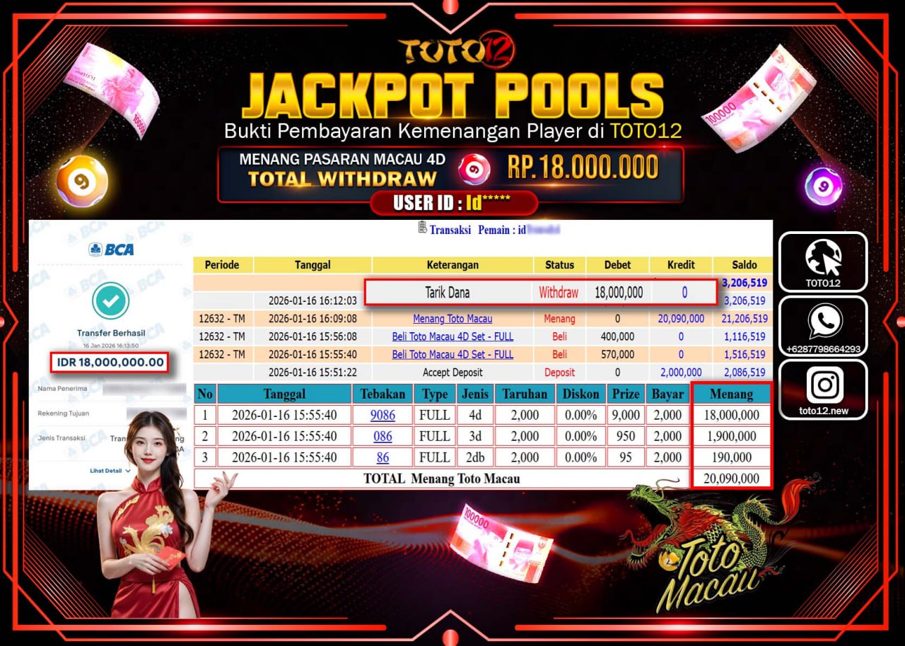 HANYA DI TOTO12 JP PASTI DI BAYAR LUNAS DAN CEPAT!!!!!! JACKPOT POOLS PASARAN (MACAU 4D) Rp.18.000.000 !!!!