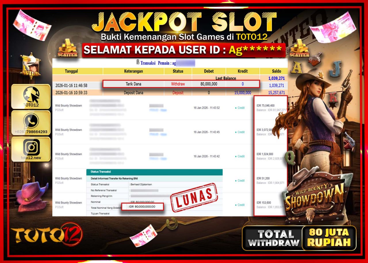 HANYA DI TOTO12 JP PASTI DI BAYAR LUNAS DAN CEPAT!!!!!! JACKPOT SLOT GAME (WILD BOUNTY SHOWDOWN) Rp.80.000.000 !!!!