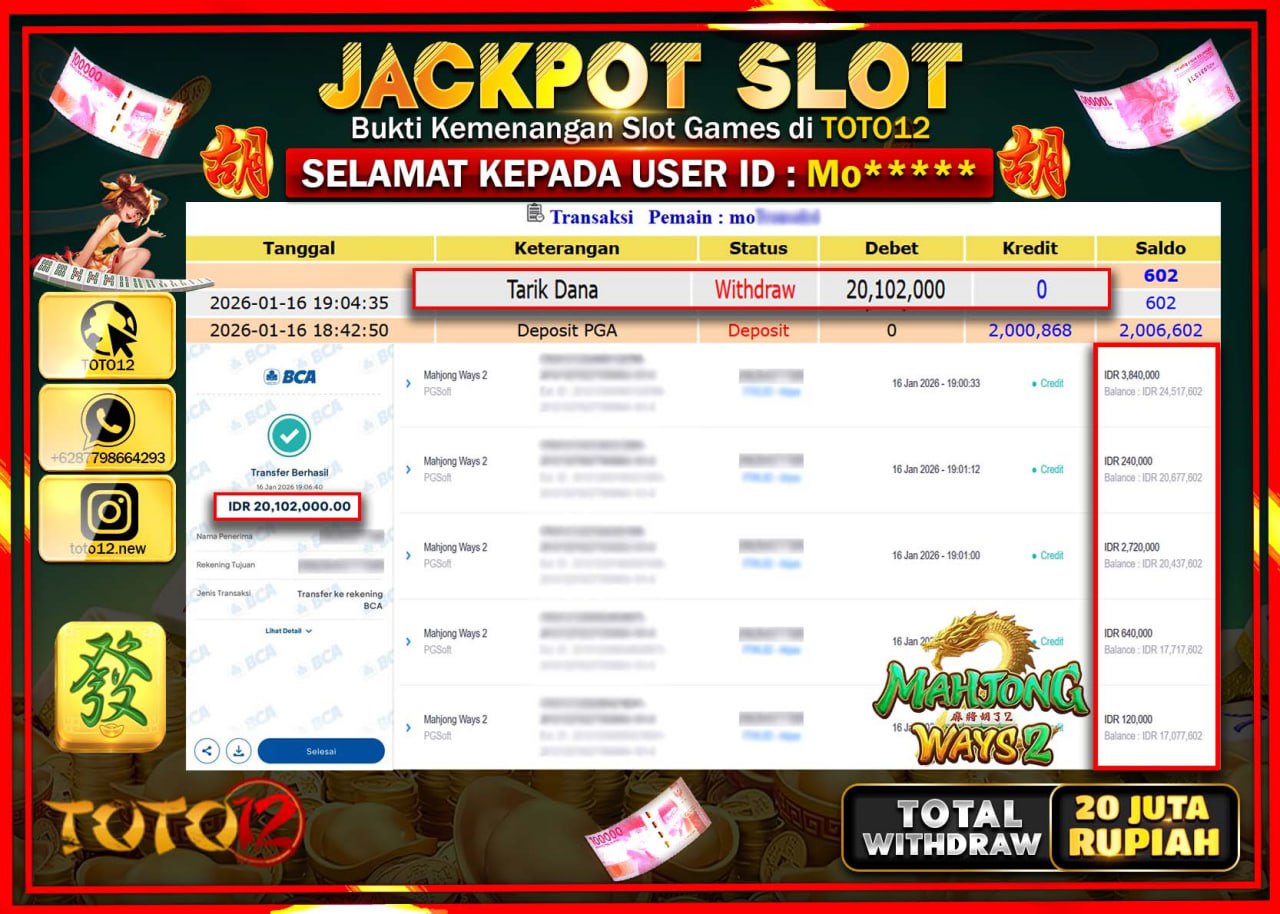 HANYA DI TOTO12 JP PASTI DI BAYAR LUNAS DAN CEPAT!!!!!! JACKPOT SLOT GAME (MAHJONG WAYS 2) Rp.20.102.000 !!!!