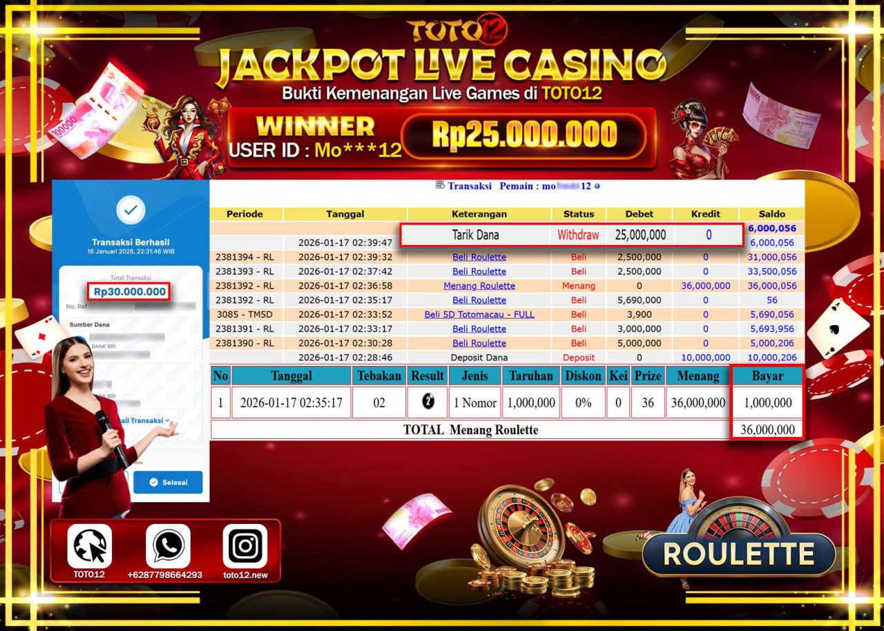 HANYA DI TOTO12 JP PASTI DI BAYAR LUNAS DAN CEPAT!!!!!! JACKPOT LIVE CASINO (ROULETTE) Rp.25.000.000 !!!!