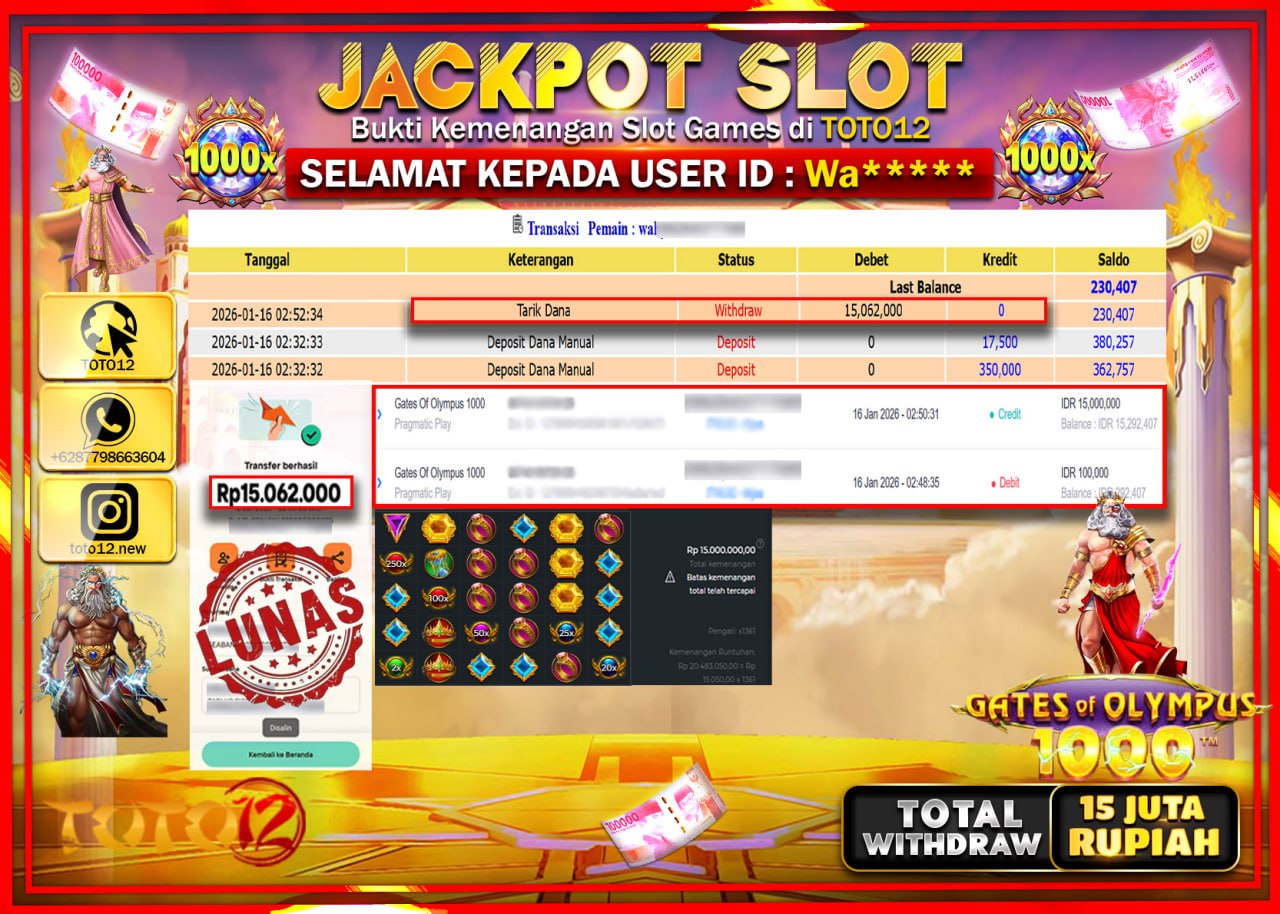 HANYA DI TOTO12 JP PASTI DI BAYAR LUNAS DAN CEPAT!!!!!! JACKPOT SLOT GAME (GATES OF OLYMPUS 1000) Rp.15.062.000 !!!!