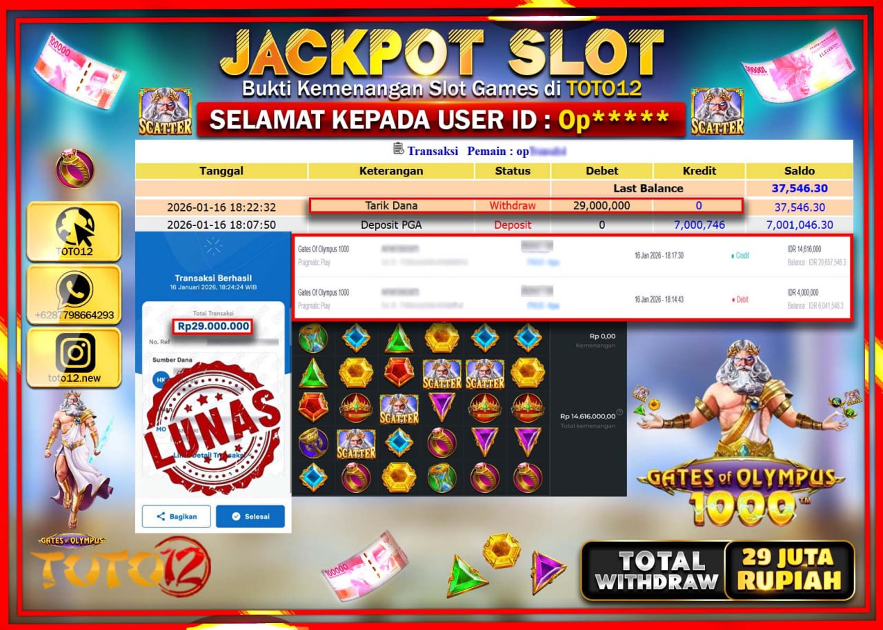HANYA DI TOTO12 JP PASTI DI BAYAR LUNAS DAN CEPAT!!!!!! JACKPOT SLOT GAME (GATES OF OLYMPUS 1000) Rp.29.000.000 !!!!