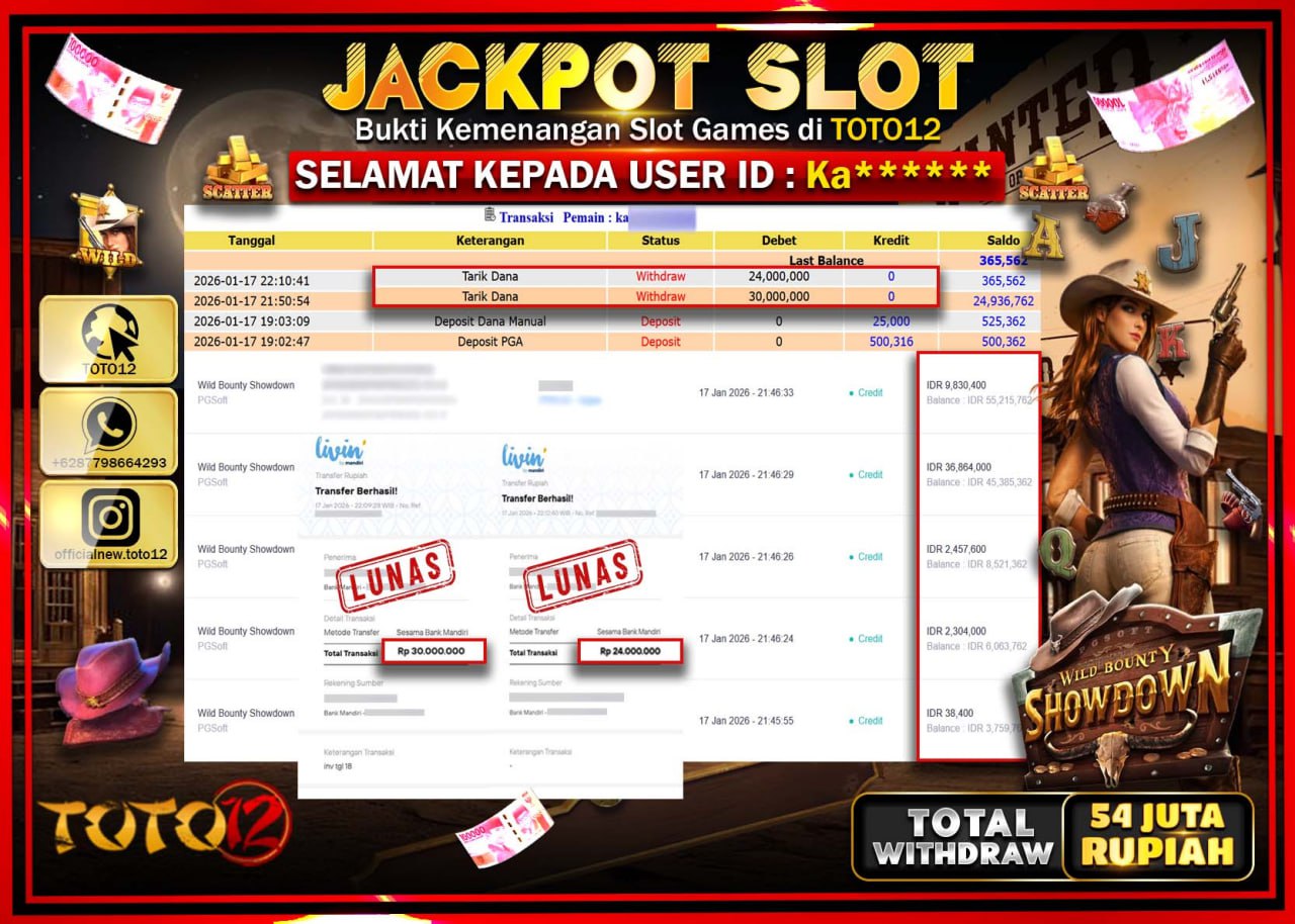 HANYA DI TOTO12 JP PASTI DI BAYAR LUNAS DAN CEPAT!!!!!! JACKPOT SLOT GAME (WILD BOUNTY SHOWDOWN) Rp.54.000.000 !!!!